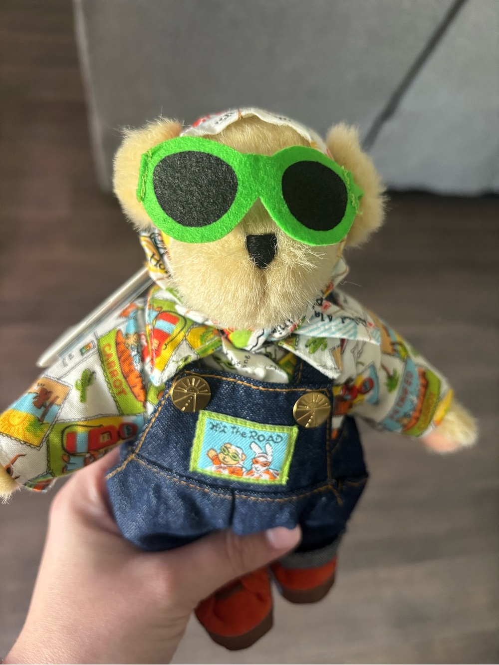 Collectible Muffy Plush Bear Toy with Green Sunglasses and Denim Overalls